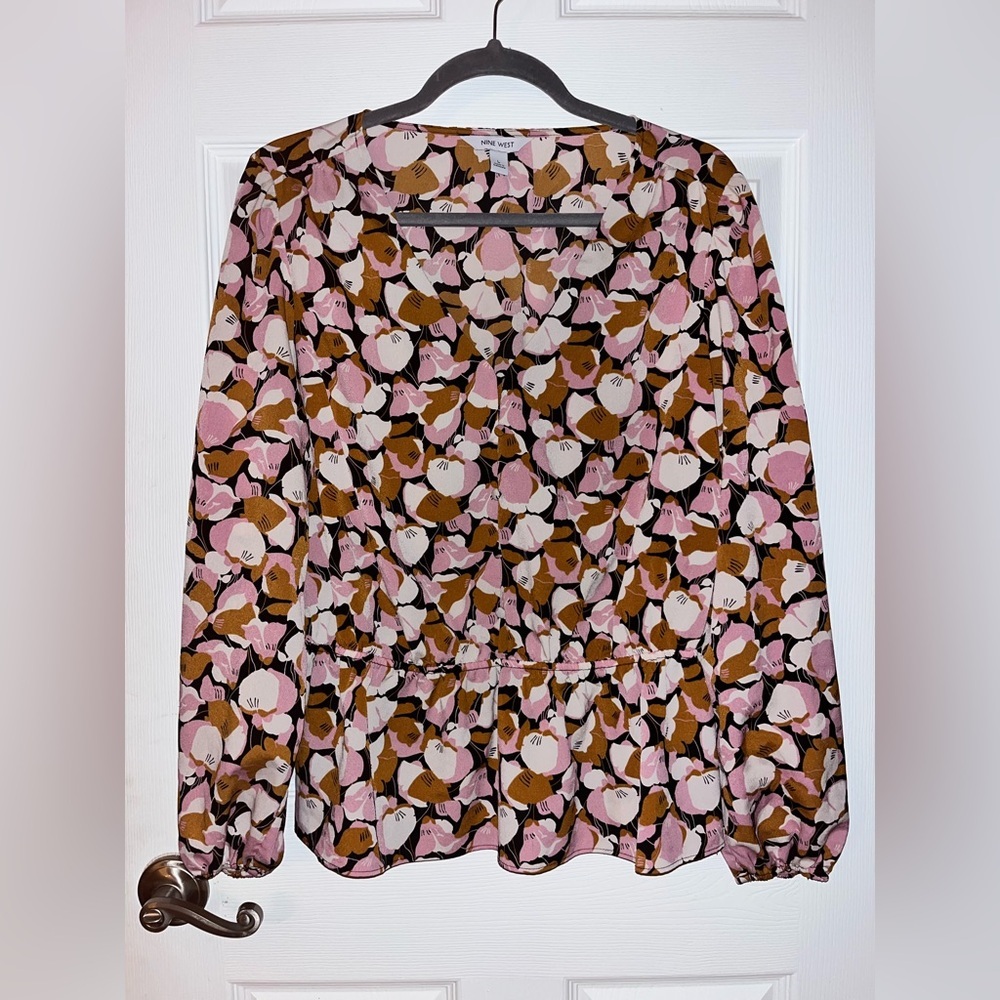 Nine West Multicolor Patterned Long Sleeve Peplum Style Blouse Large